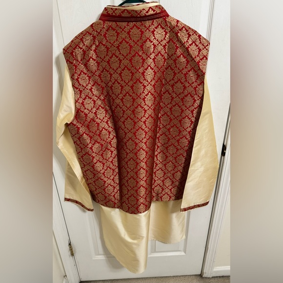 Red and Gold Dhoti Style Sherwani - Picture 4 of 4
